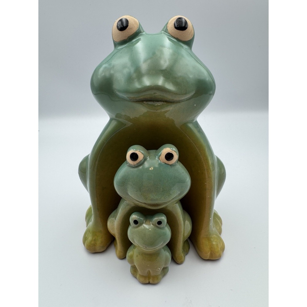 Decorative Ceramic Frog Family Garden Statue,‎ Green and Yellow, Indoor Outdoor